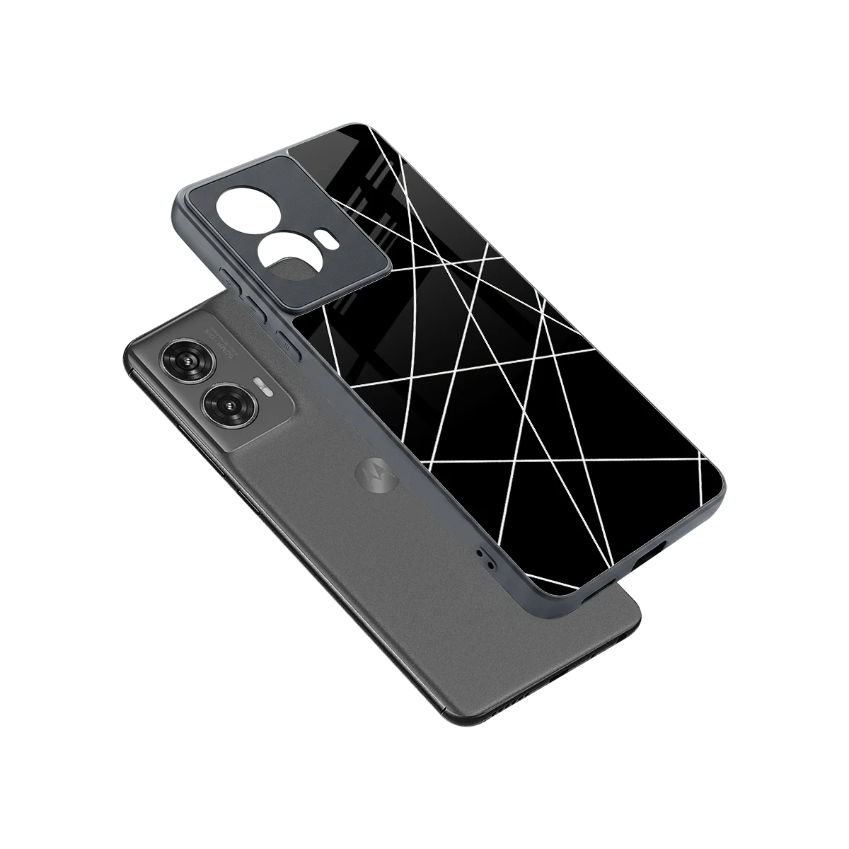 Geomatric Black sleek motorola edge 50 fusion cover with tempered glass back and TPU edges