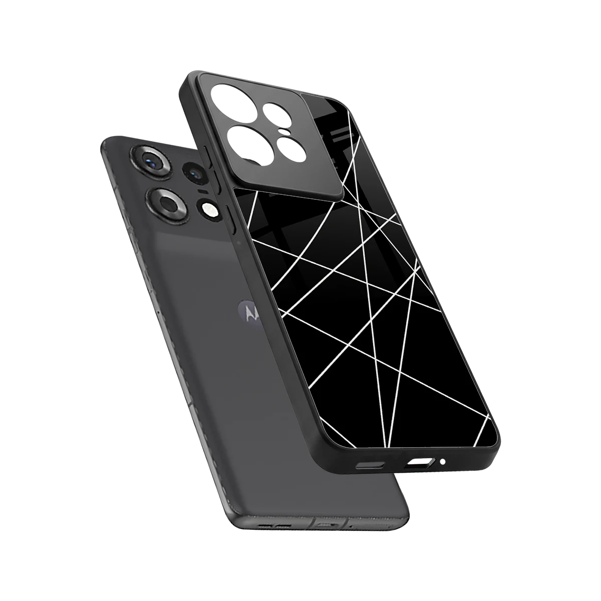 Geomatric Black sleek motorola edge 50 pro cover with tempered glass back and TPU edges