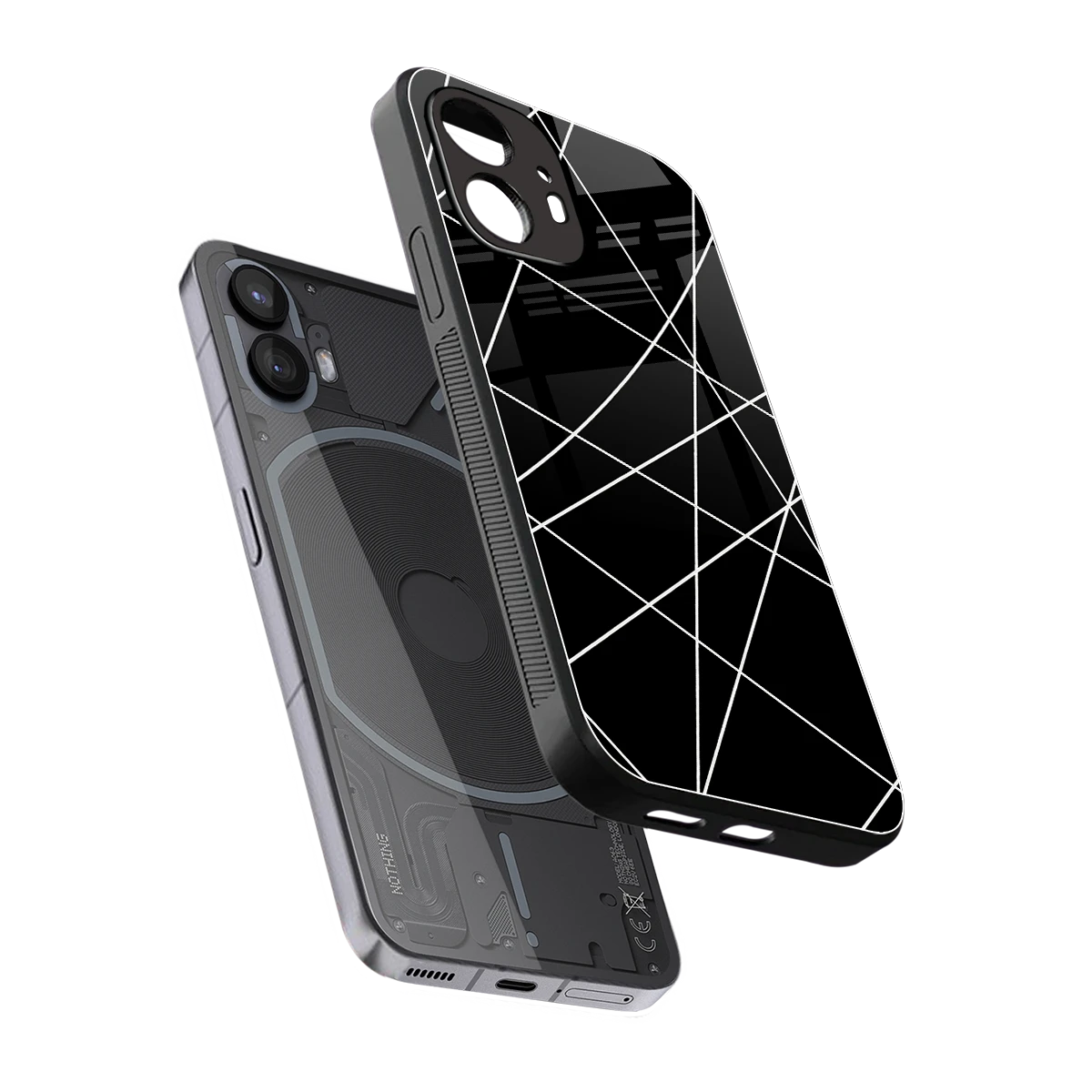 Geomatric Black sleek nothing phone 2 cover with tempered glass back and TPU edges