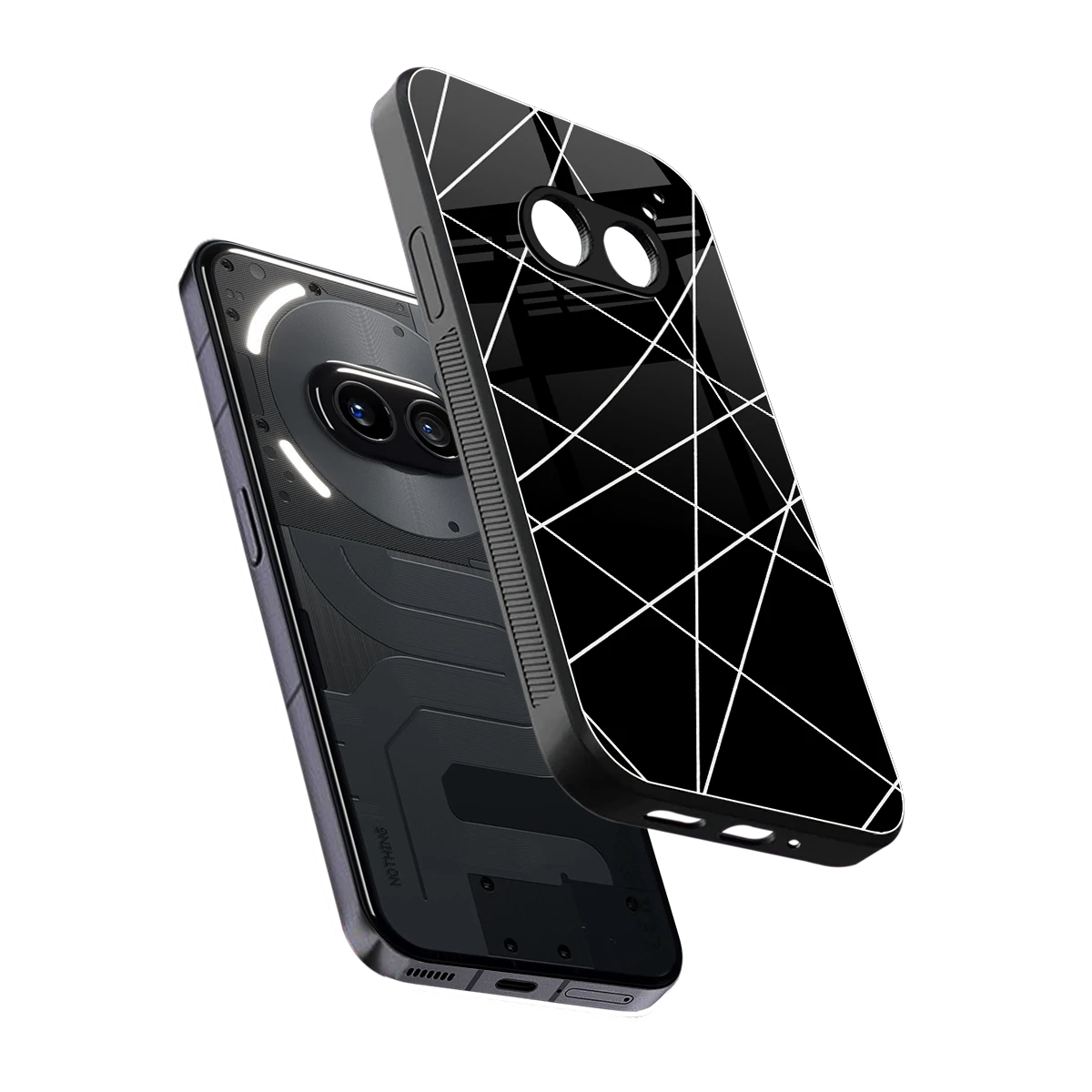 Geomatric Black sleek nothing phone 2a plus cover with tempered glass back and TPU edges