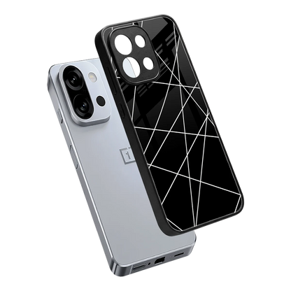 Geomatric Black sleek oneplus 13s cover with tempered glass back and TPU edges