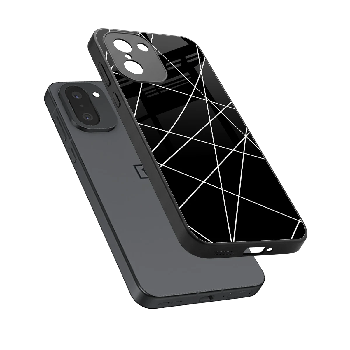 Geomatric Black sleek oneplus 15r cover with tempered glass back and TPU edges