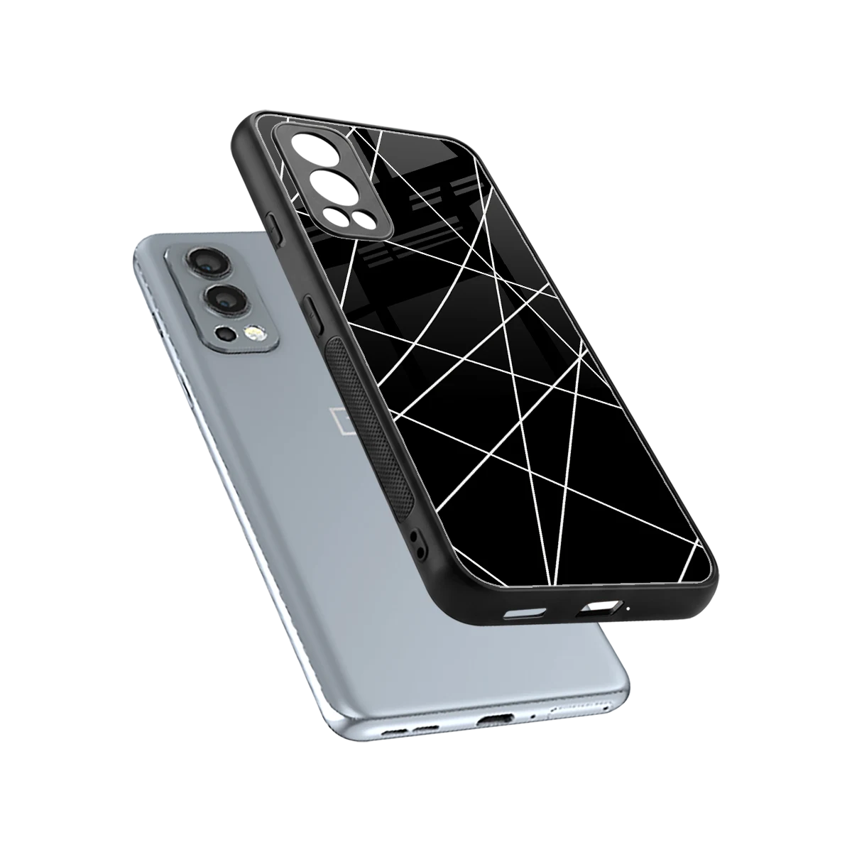 Geomatric Black sleek oneplus nord 2 cover with tempered glass back and TPU edges
