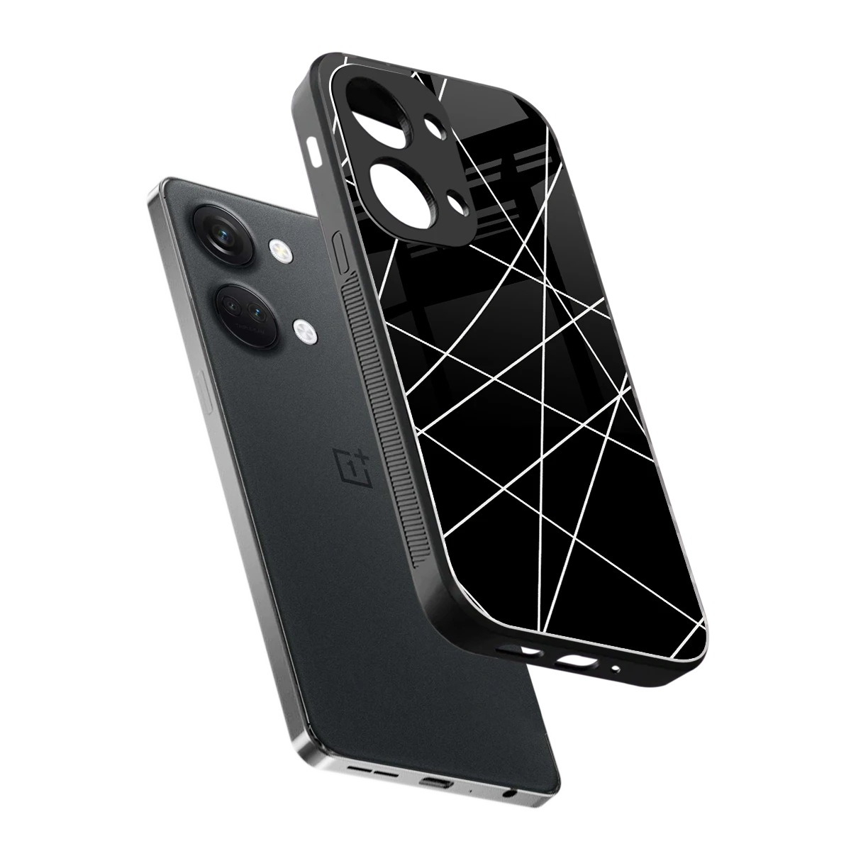 Geomatric Black sleek oneplus nord 3 cover with tempered glass back and TPU edges
