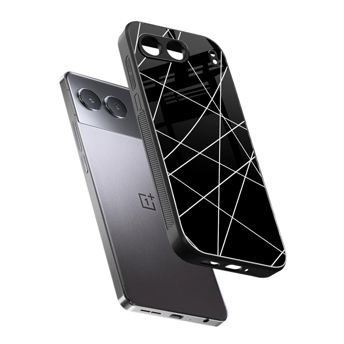Geomatric Black sleek oneplus nord 4 cover with tempered glass back and TPU edges