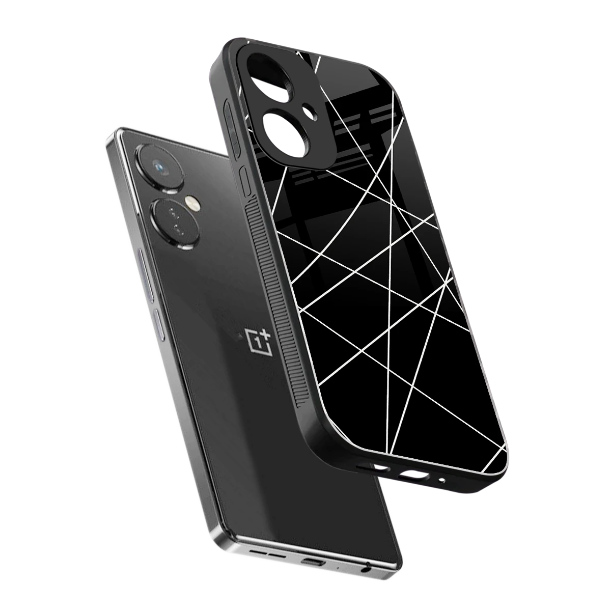 Geomatric Black sleek oneplus nord ce 3 cover with tempered glass back and TPU edges