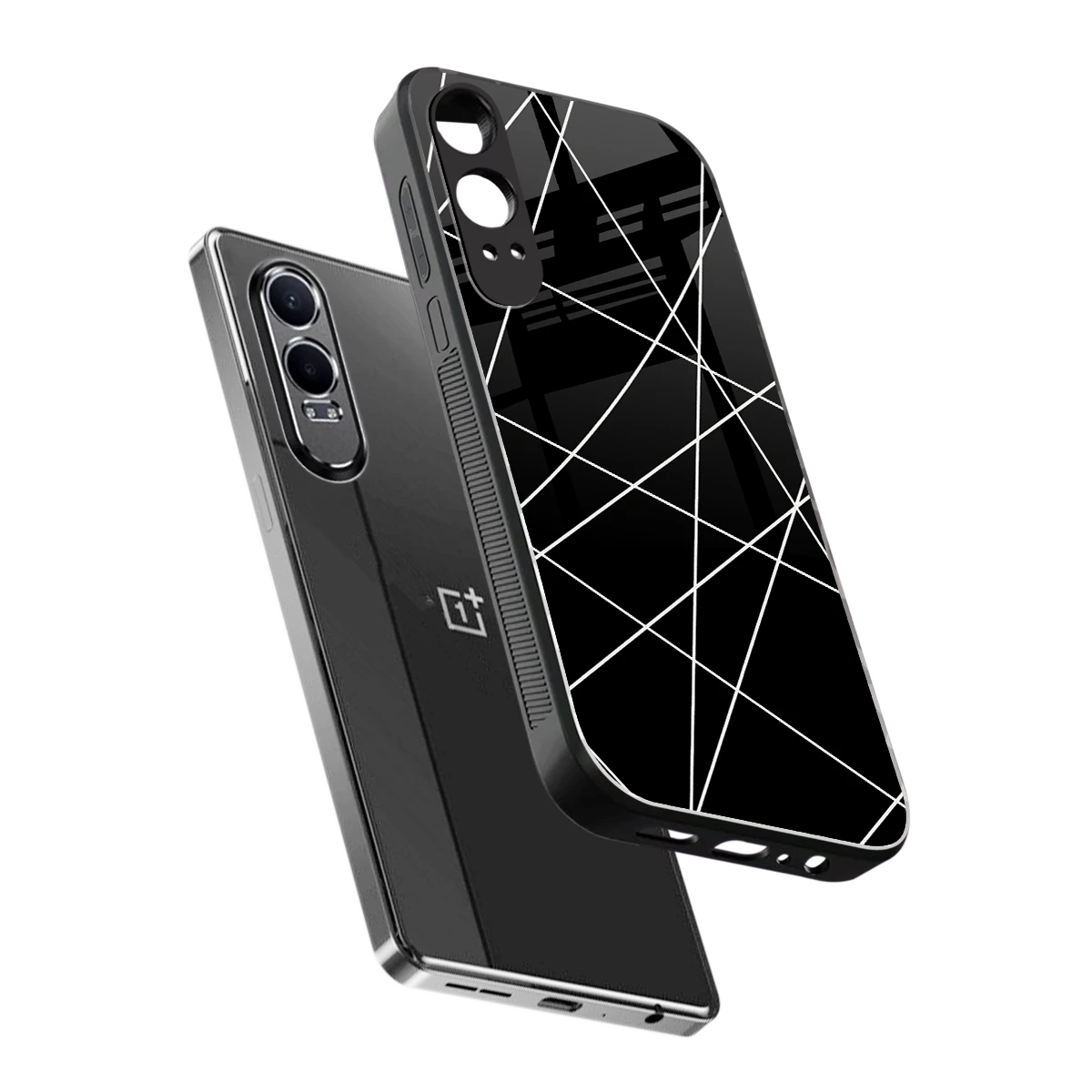 Geomatric Black sleek oneplus nord ce 4 lite cover with tempered glass back and TPU edges