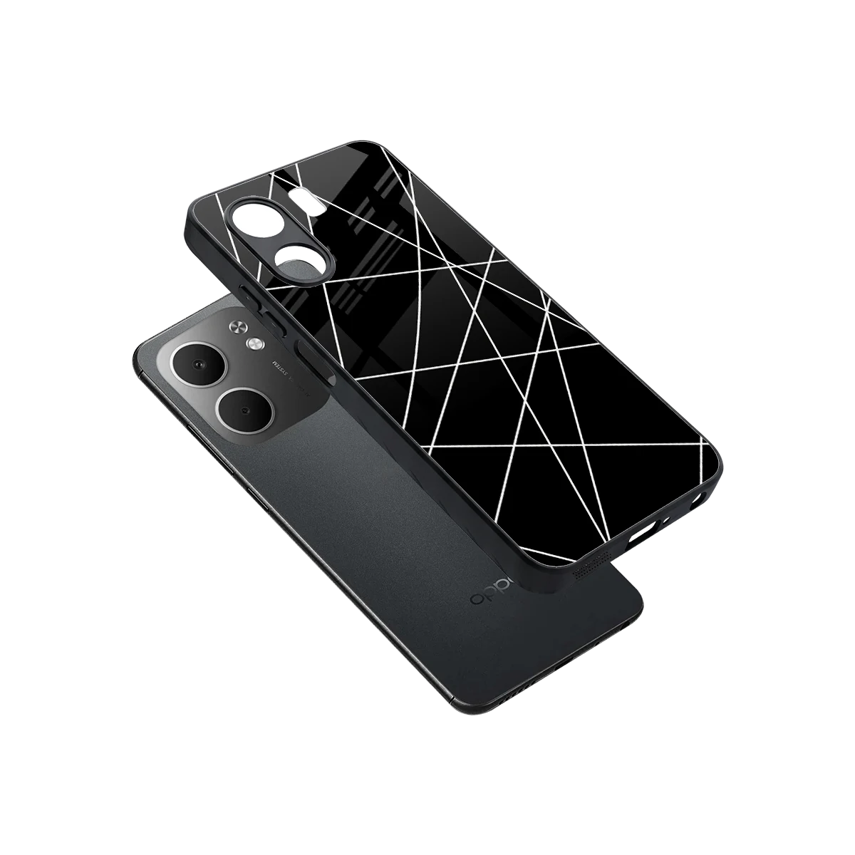 Geomatric Black sleek oppo a5x 5g cover with tempered glass back and TPU edges