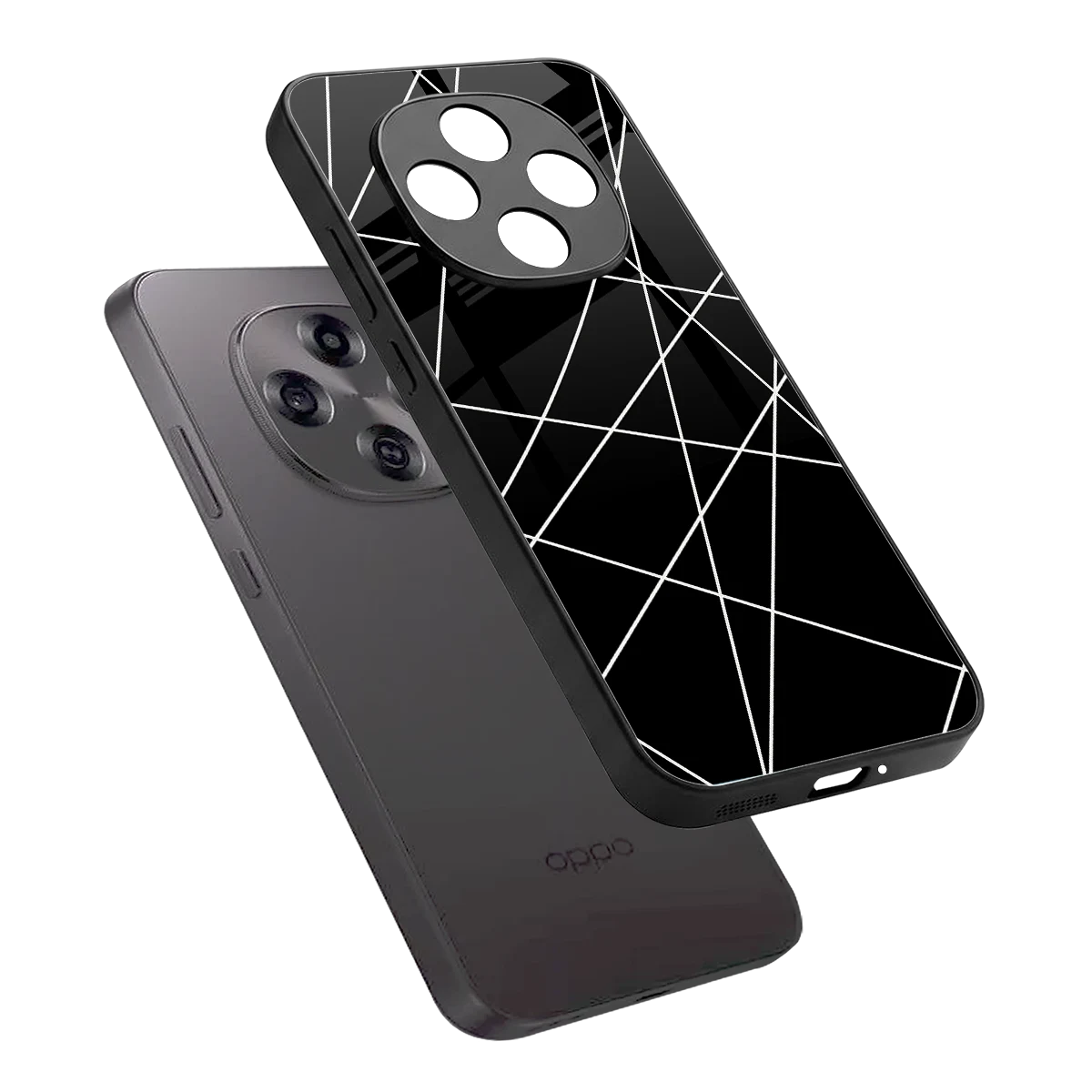 Geomatric Black sleek oppo f31 pro 5g cover with tempered glass back and TPU edges