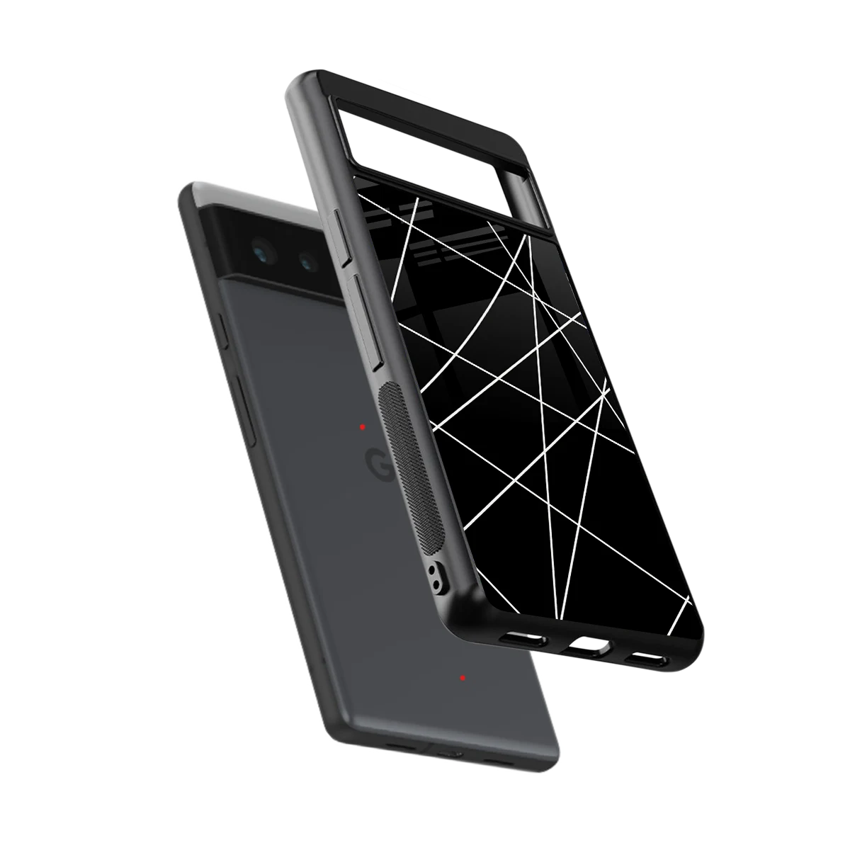 Geomatric Black sleek google pixel 6 cover with tempered glass back and TPU edges