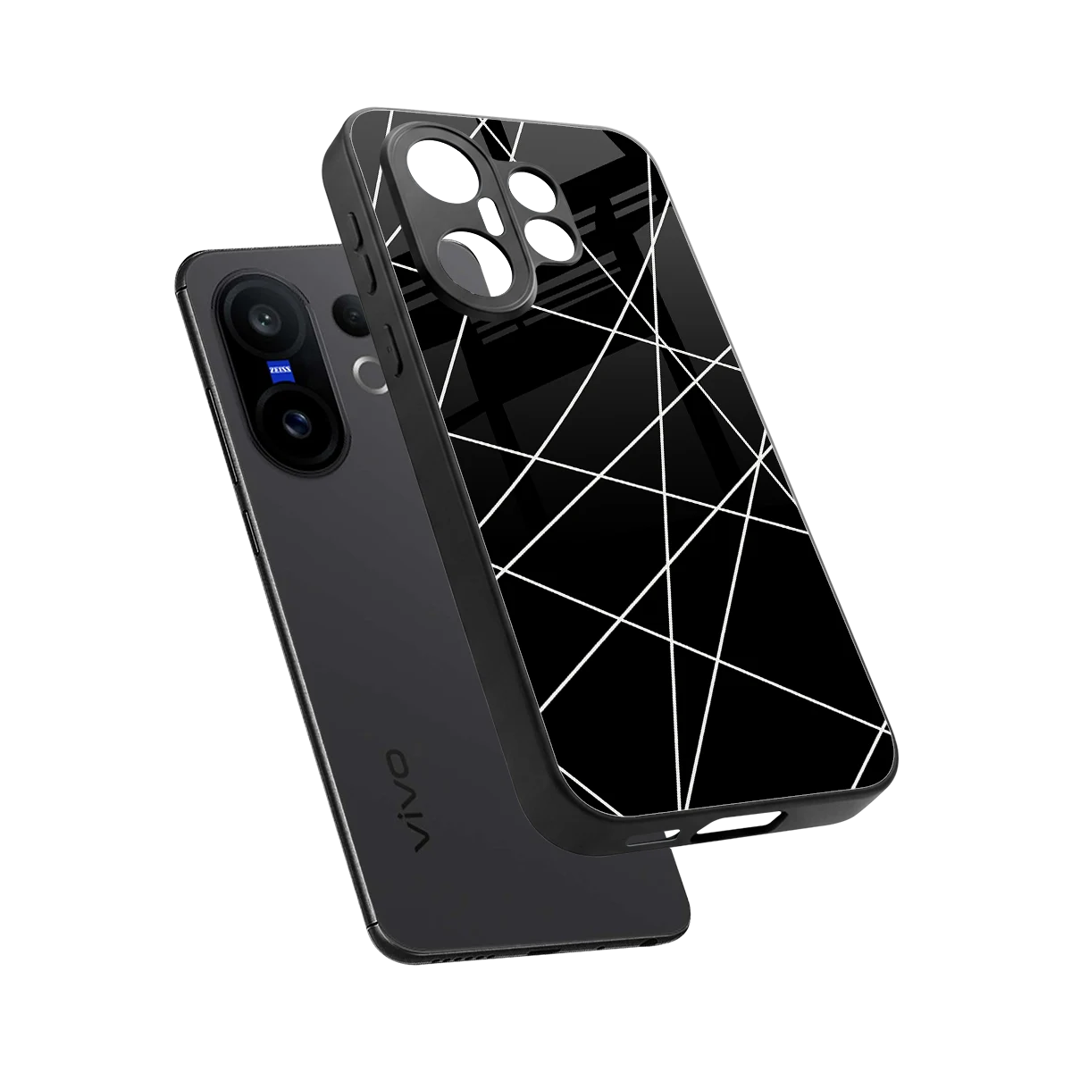 Geomatric Black sleek vivo x200 fe cover with tempered glass back and TPU edges