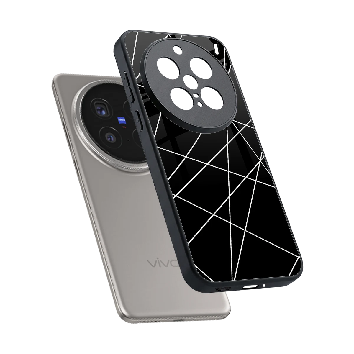 Geomatric Black sleek vivo x200 pro cover with tempered glass back and TPU edges