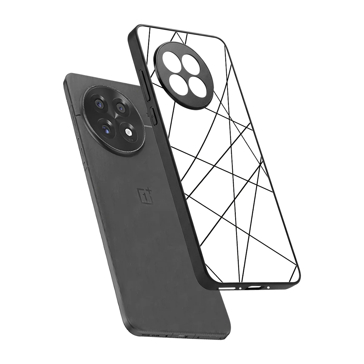 Geomatric White sleek oneplus 13r cover with tempered glass back and TPU edges