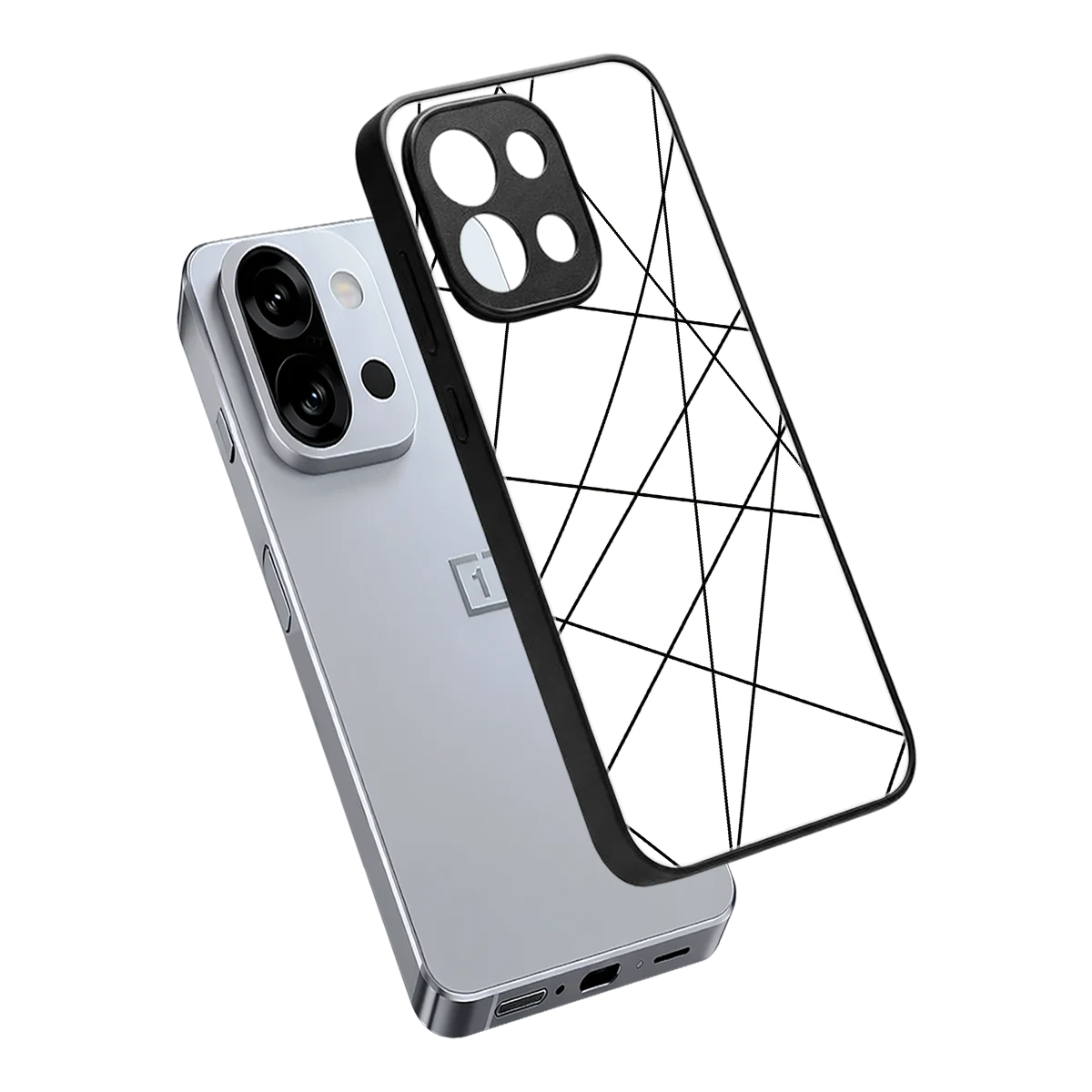 Geomatric White sleek oneplus 13s cover with tempered glass back and TPU edges