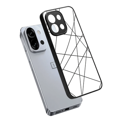 Geomatric White sleek oneplus 13s cover with tempered glass back and TPU edges