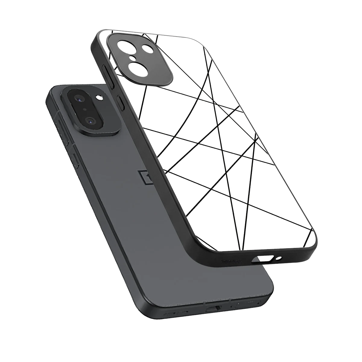Geomatric White sleek oneplus 15r cover with tempered glass back and TPU edges