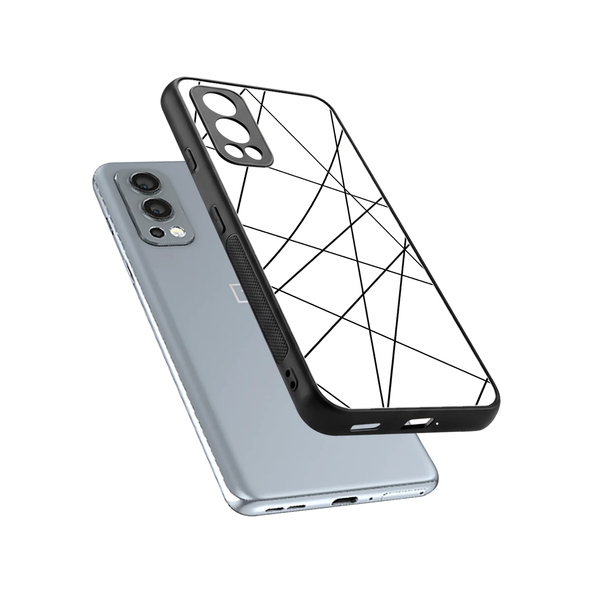 Geomatric White sleek oneplus nord 2 cover with tempered glass back and TPU edges