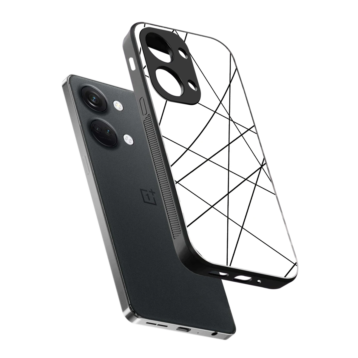 Geomatric White sleek oneplus nord 3 cover with tempered glass back and TPU edges