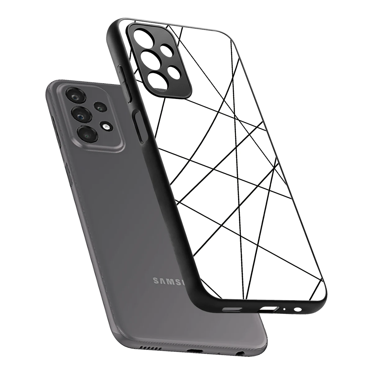 Geomatric White sleek samsung galaxy a23 cover with tempered glass back and TPU edges