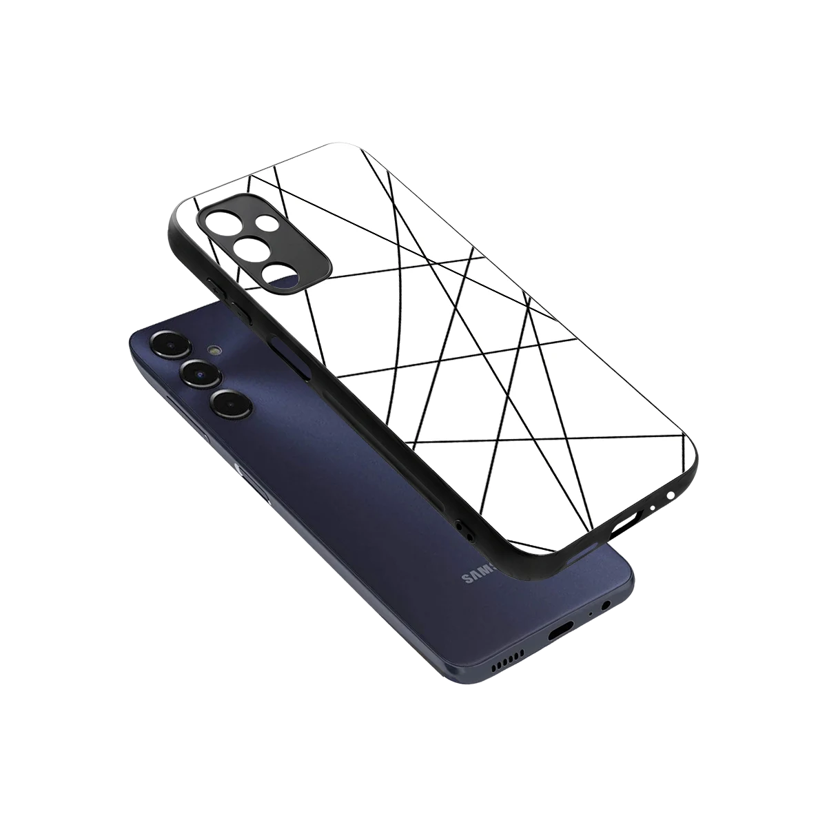 Geomatric White sleek samsung galaxy m14 5g cover with tempered glass back and TPU edges