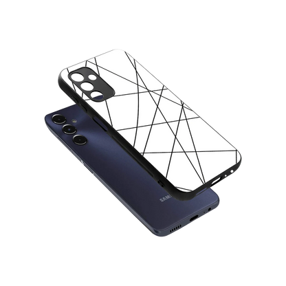 Geomatric White sleek samsung galaxy m14 5g cover with tempered glass back and TPU edges