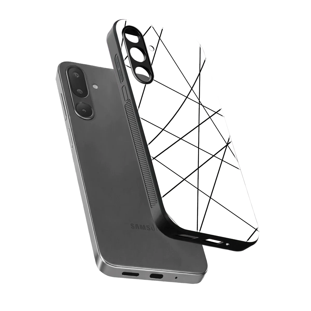 Geomatric White sleek samsung galaxy m56 5g cover with tempered glass back and TPU edges