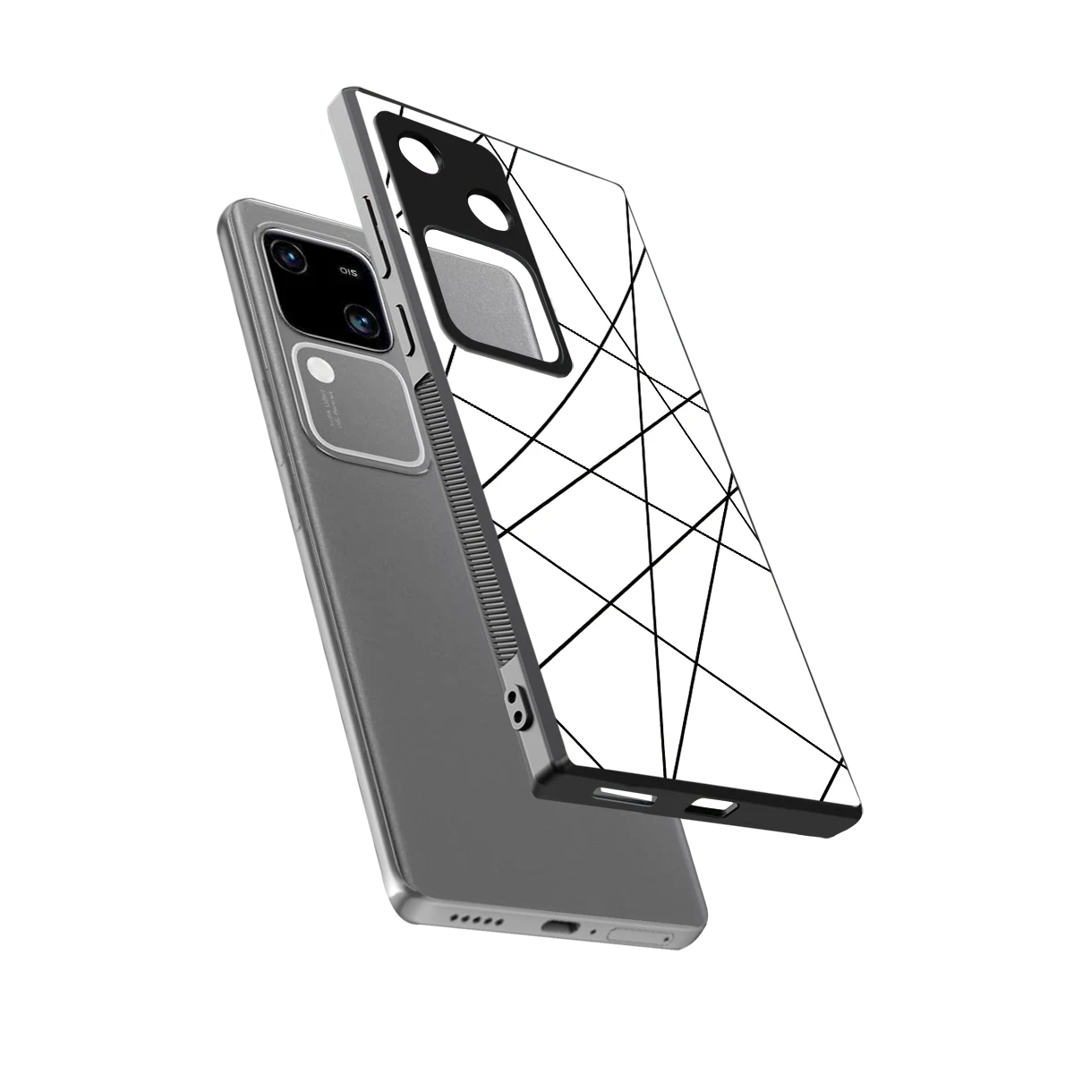 Geomatric White sleek vivo v30 cover with tempered glass back and TPU edges