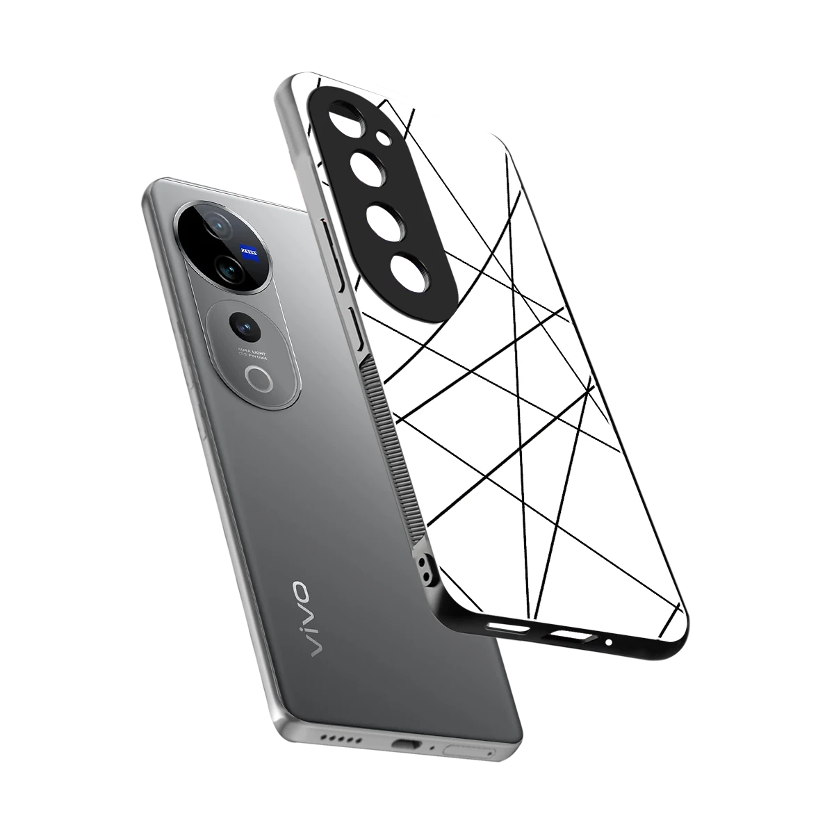 Geomatric White sleek vivo v40 pro cover with tempered glass back and TPU edges