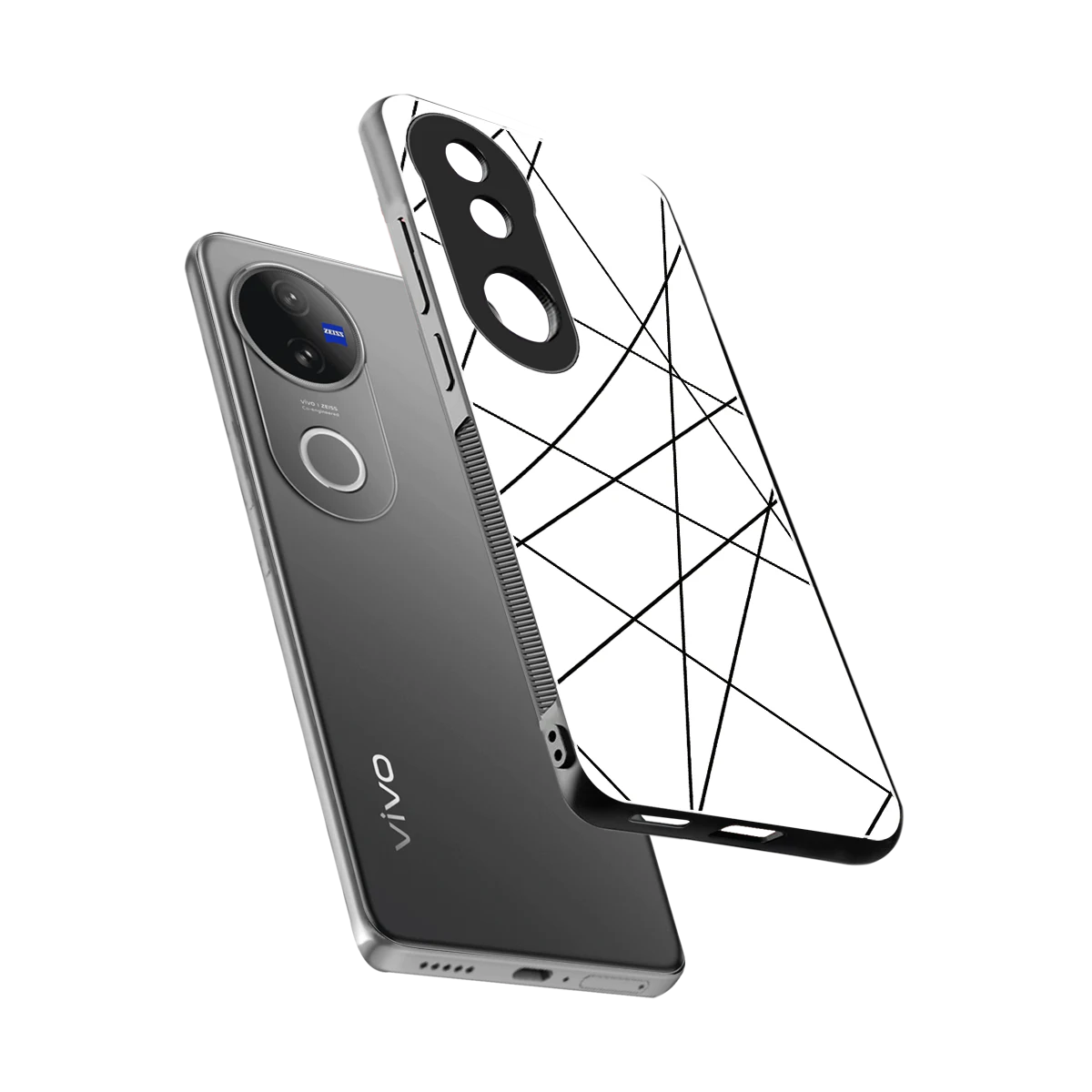Geomatric White sleek vivo v50 cover with tempered glass back and TPU edges