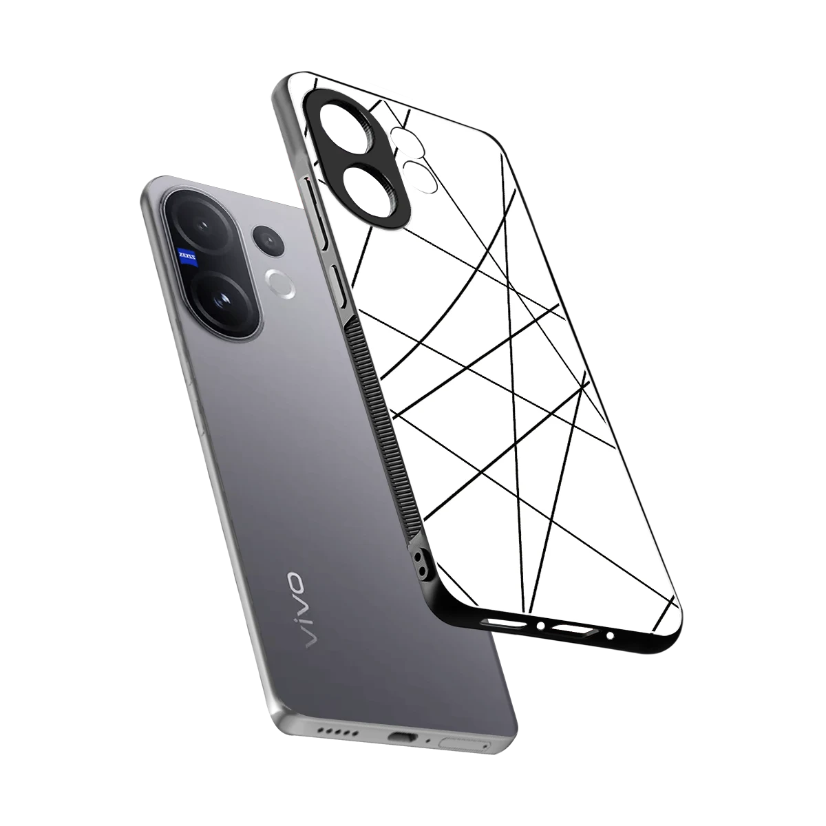 Geomatric White sleek vivo v60 cover with tempered glass back and TPU edges