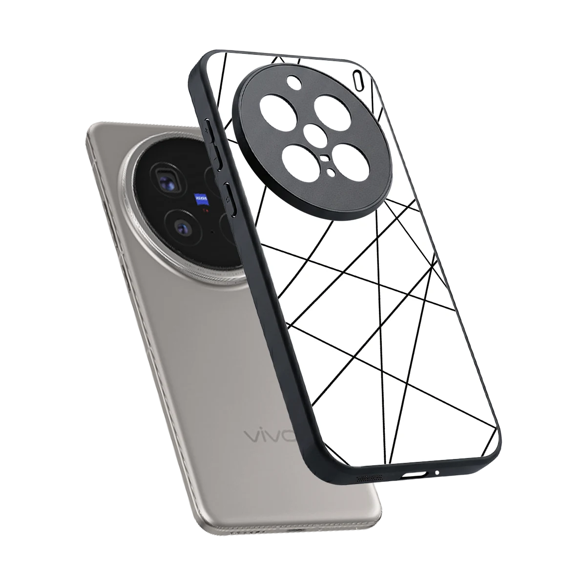 Geomatric White sleek vivo x200 pro cover with tempered glass back and TPU edges