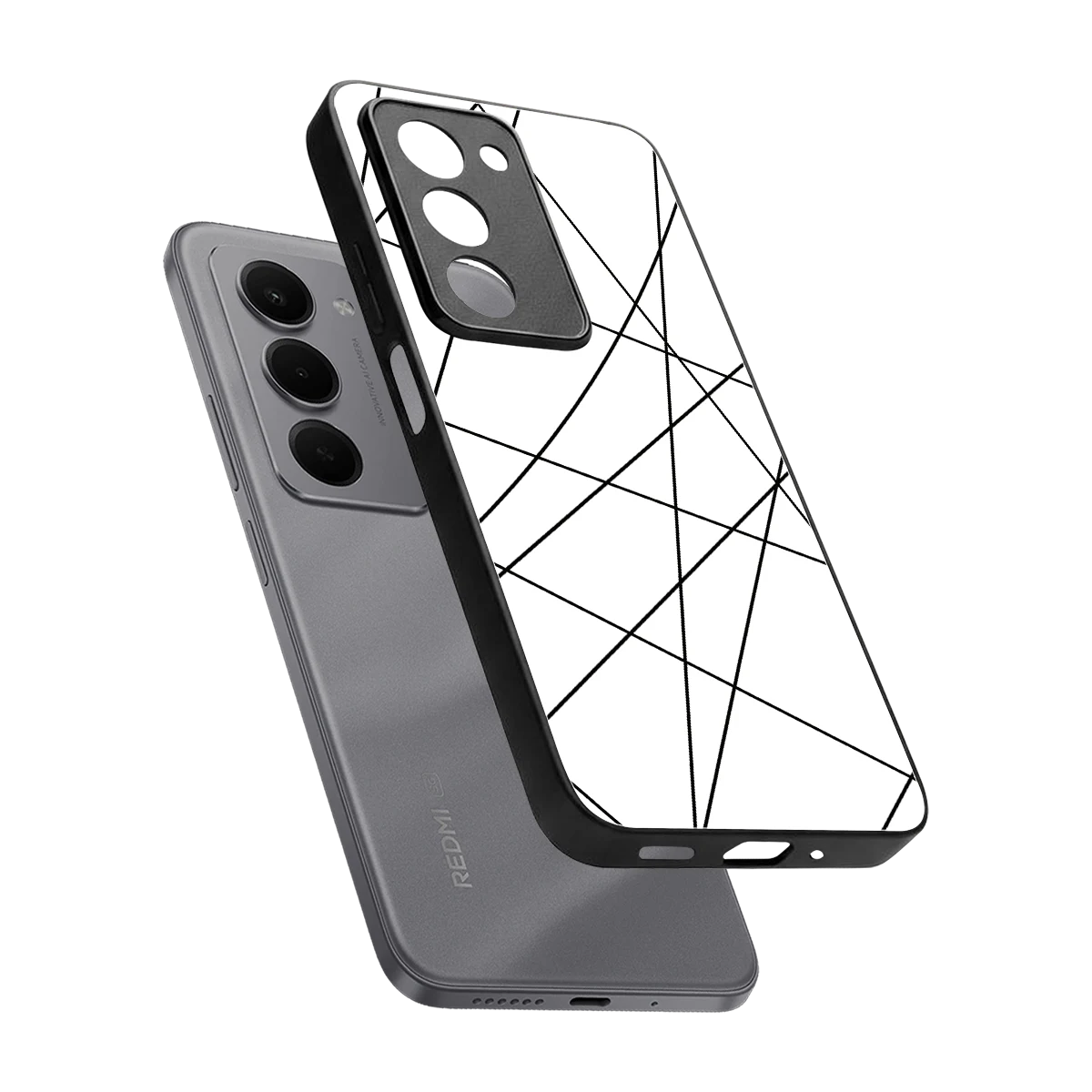 Geomatric White sleek redmi 15 5g cover with tempered glass back and TPU edges