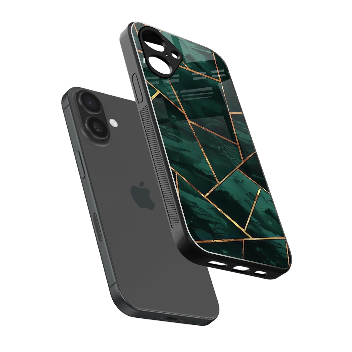 Geometric green sleek iPhone 16 cover with tempered glass back and TPU edges