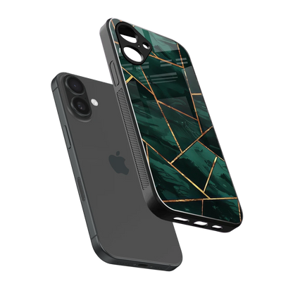 Geometric green sleek iPhone 16 cover with tempered glass back and TPU edges