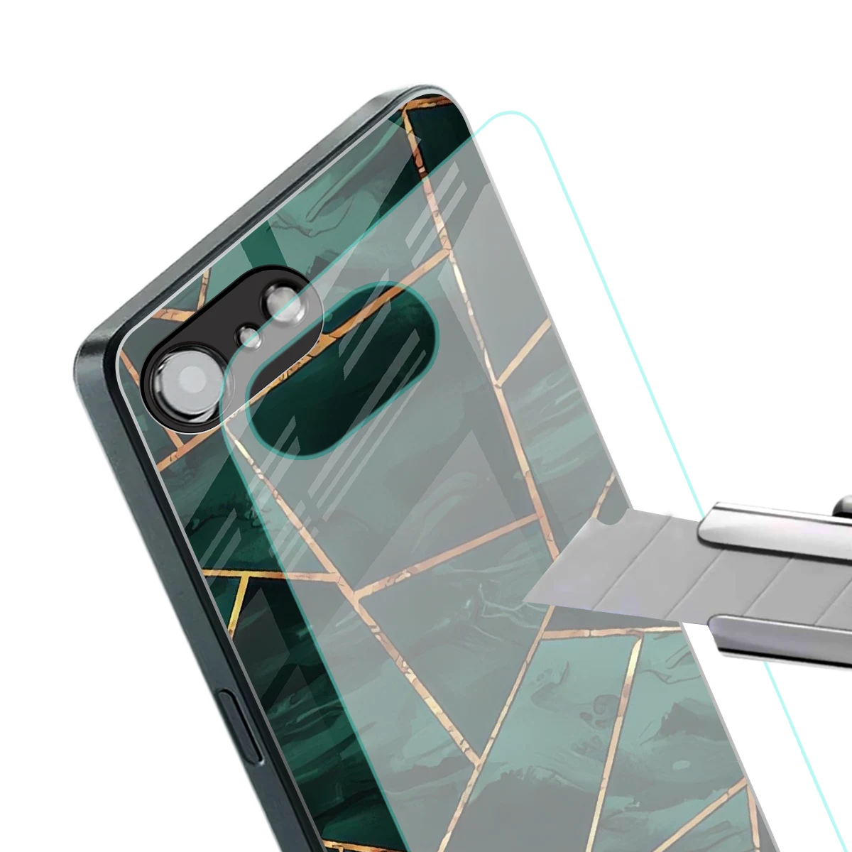 Geometric green stylish phone case for iphone 16e | glossy glass and slim fit