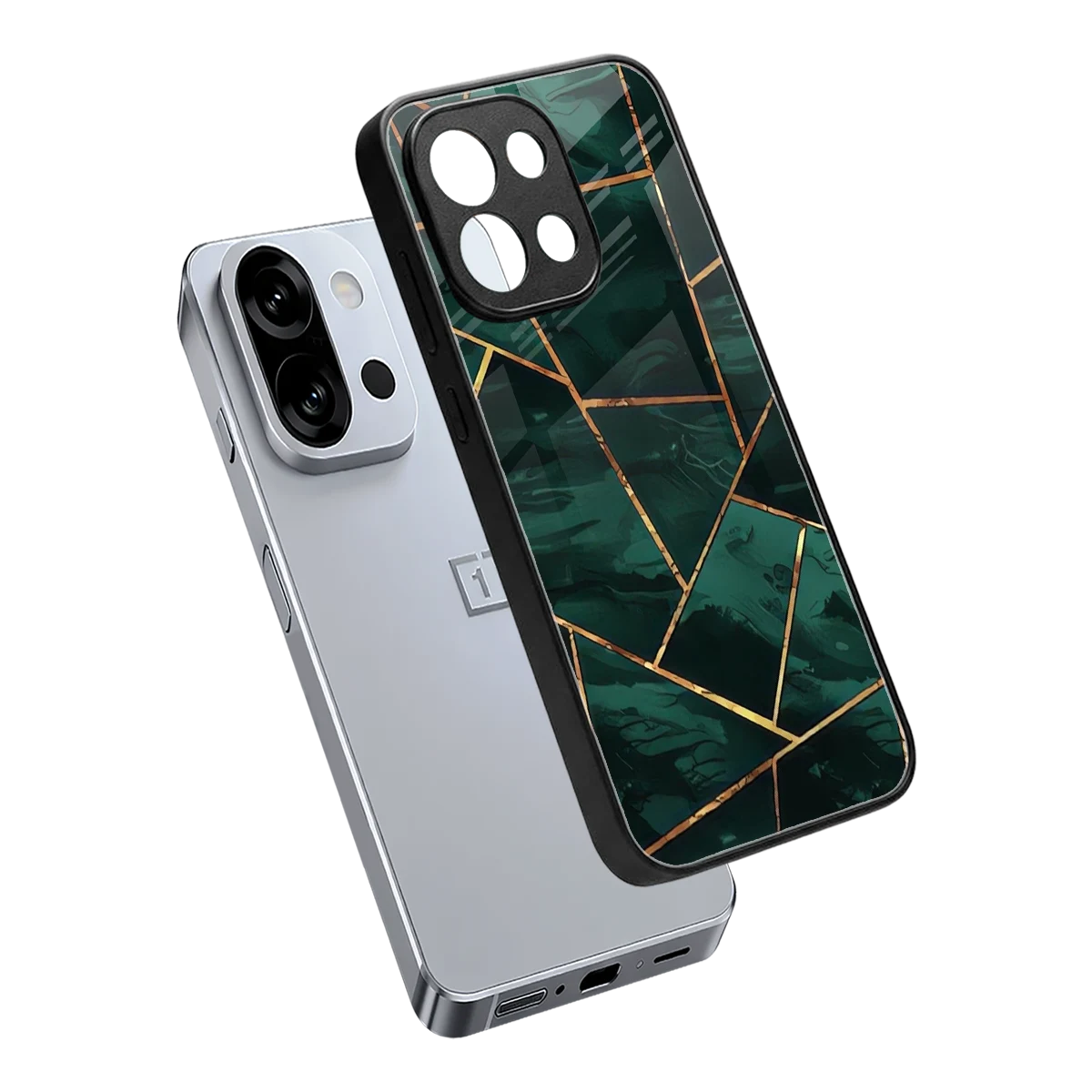 Geometric green sleek oneplus 13s cover with tempered glass back and TPU edges