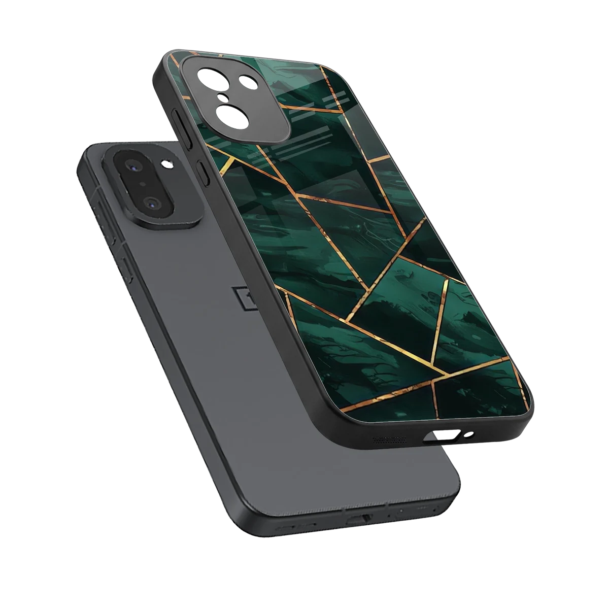 Geometric green sleek oneplus 15r cover with tempered glass back and TPU edges