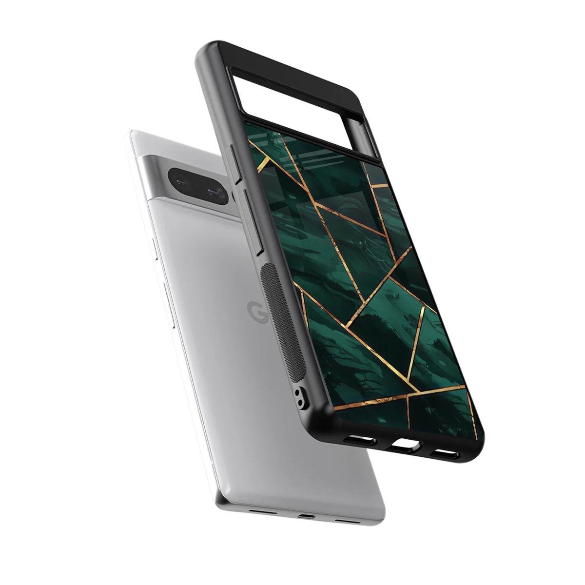 Geometric green sleek google pixel 7 pro cover with tempered glass back and TPU edges