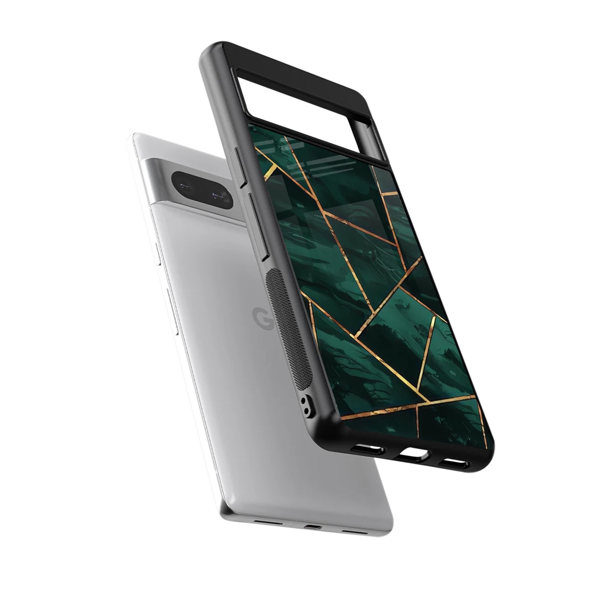 Geometric green sleek google pixel 7a cover with tempered glass back and TPU edges