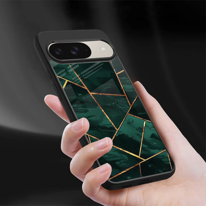 Geometric green sleek google pixel 9 cover with tempered glass back and TPU edges