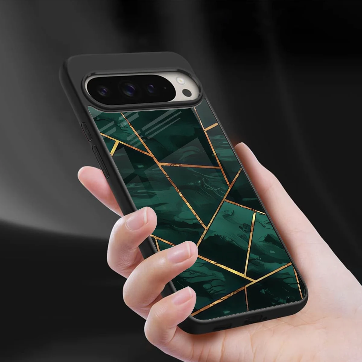 Geometric green sleek google pixel 9 pro cover with tempered glass back and TPU edges