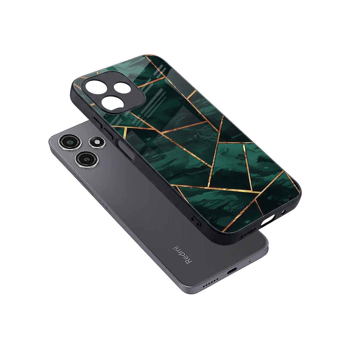 Geometric green sleek redmi 12 5g cover with tempered glass back and TPU edges