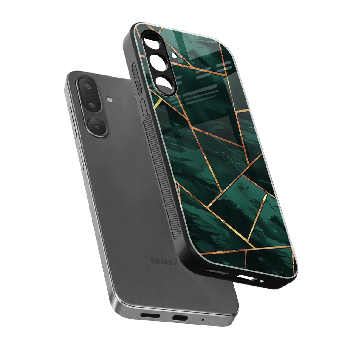 Geometric green sleek samsung galaxy m56 5g cover with tempered glass back and TPU edges