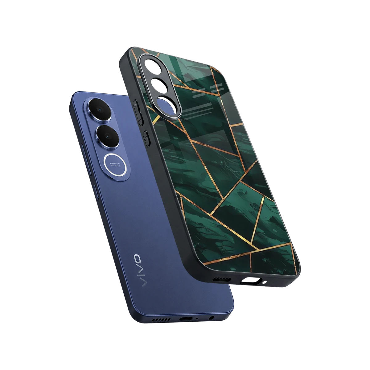 Geometric green sleek vivo v70 fe cover with tempered glass back and TPU edges