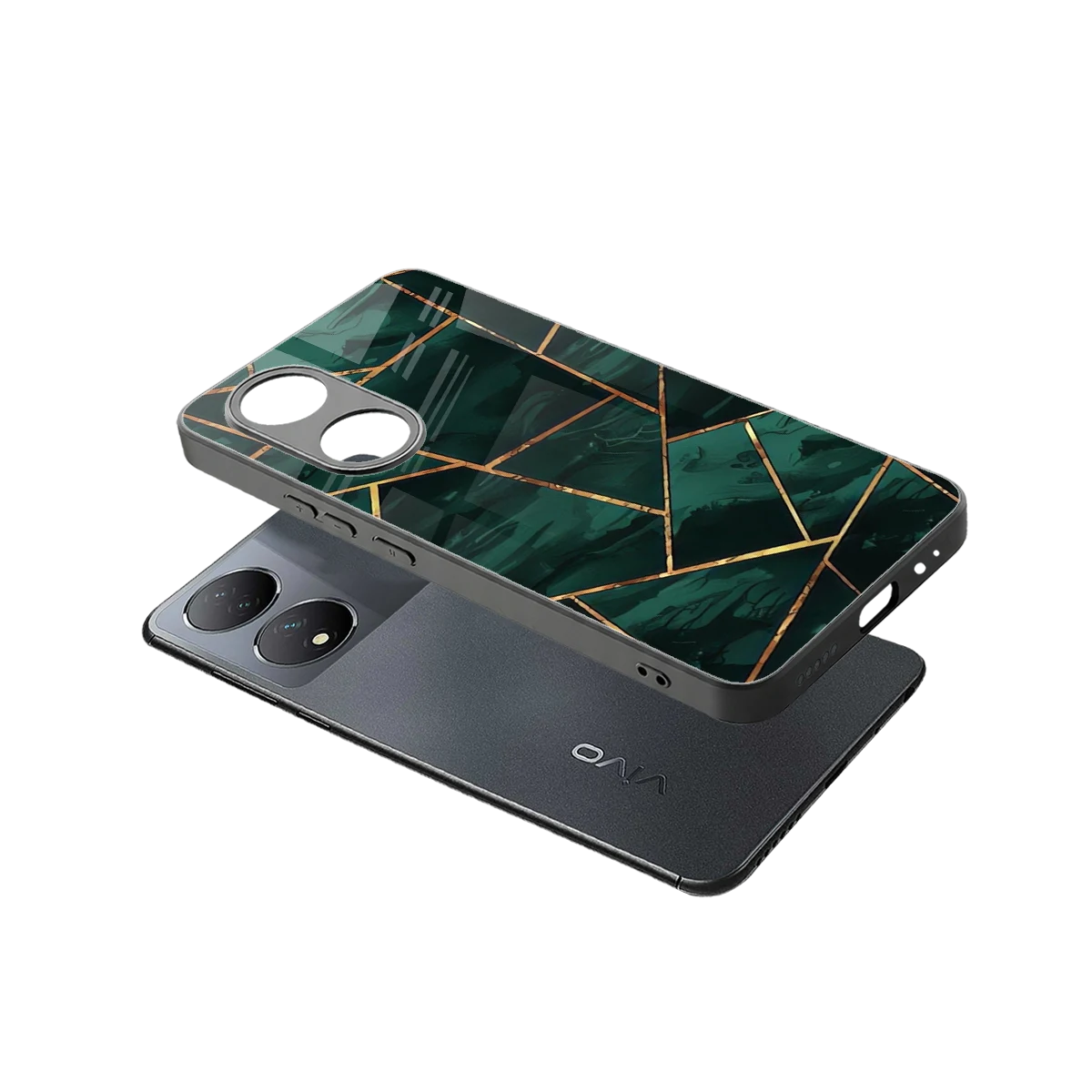 Geometric green sleek Vivo-y100 cover with tempered glass back and TPU edges