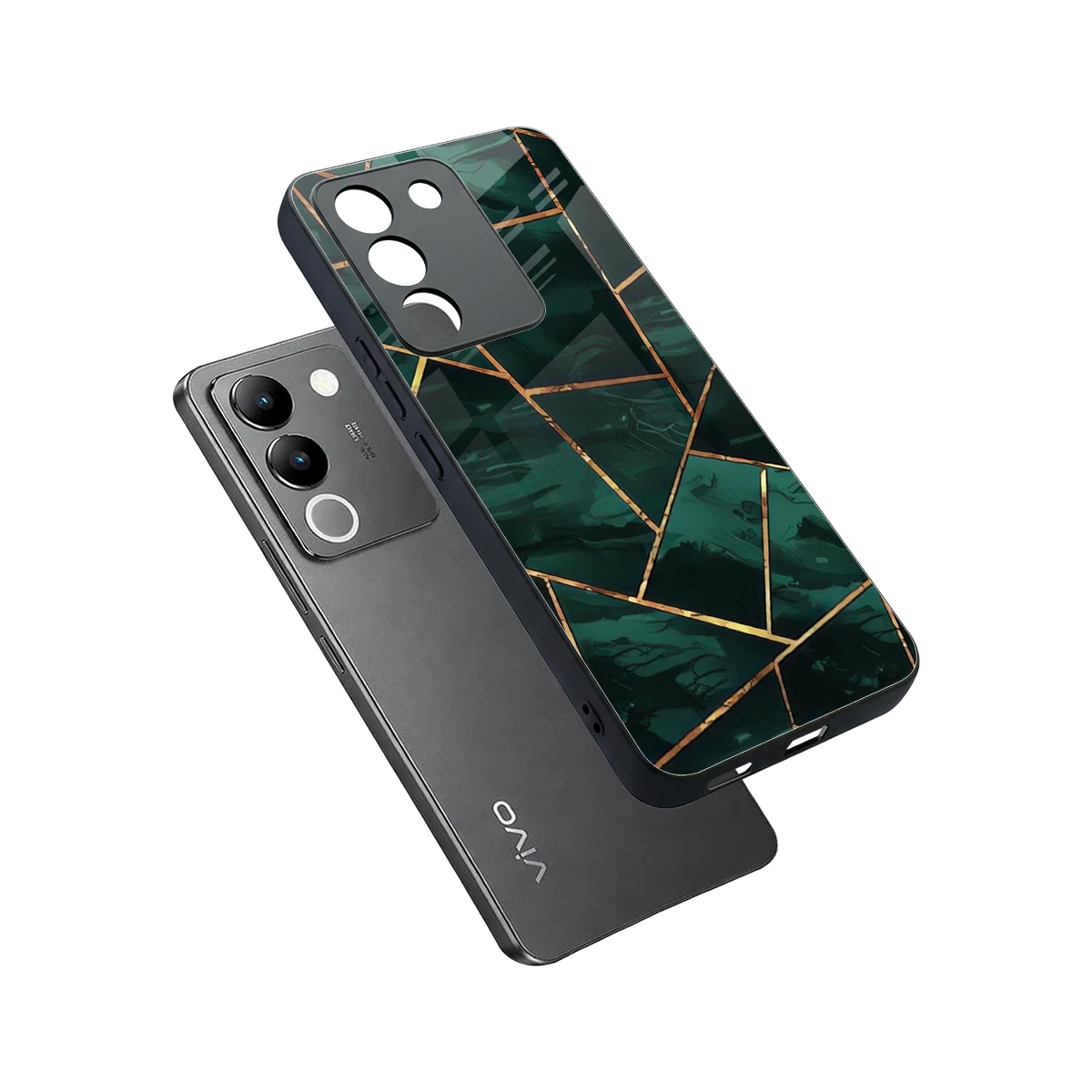 Geometric green sleek vivo y200 5g cover with tempered glass back and TPU edges