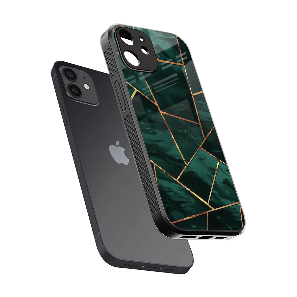 Geometric green sleek iphone 12 cover with tempered glass back and TPU edges