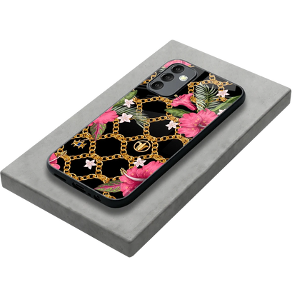 Gilded Petals stylish phone case for samsung galaxy m14 5g | glossy glass and slim fit
