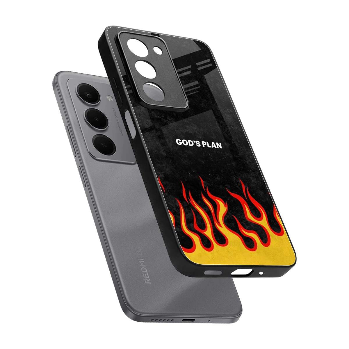 Gods Plan sleek redmi 15 5g cover with tempered glass back and TPU edges