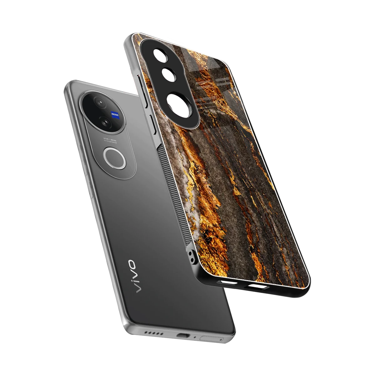 Golden Blaze sleek vivo v50 cover with tempered glass back and TPU edges